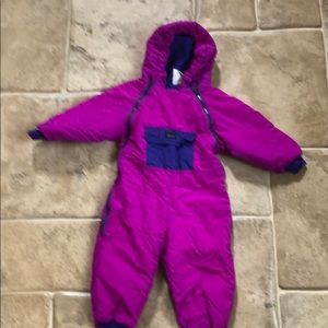 REI purple and blue snowsuit